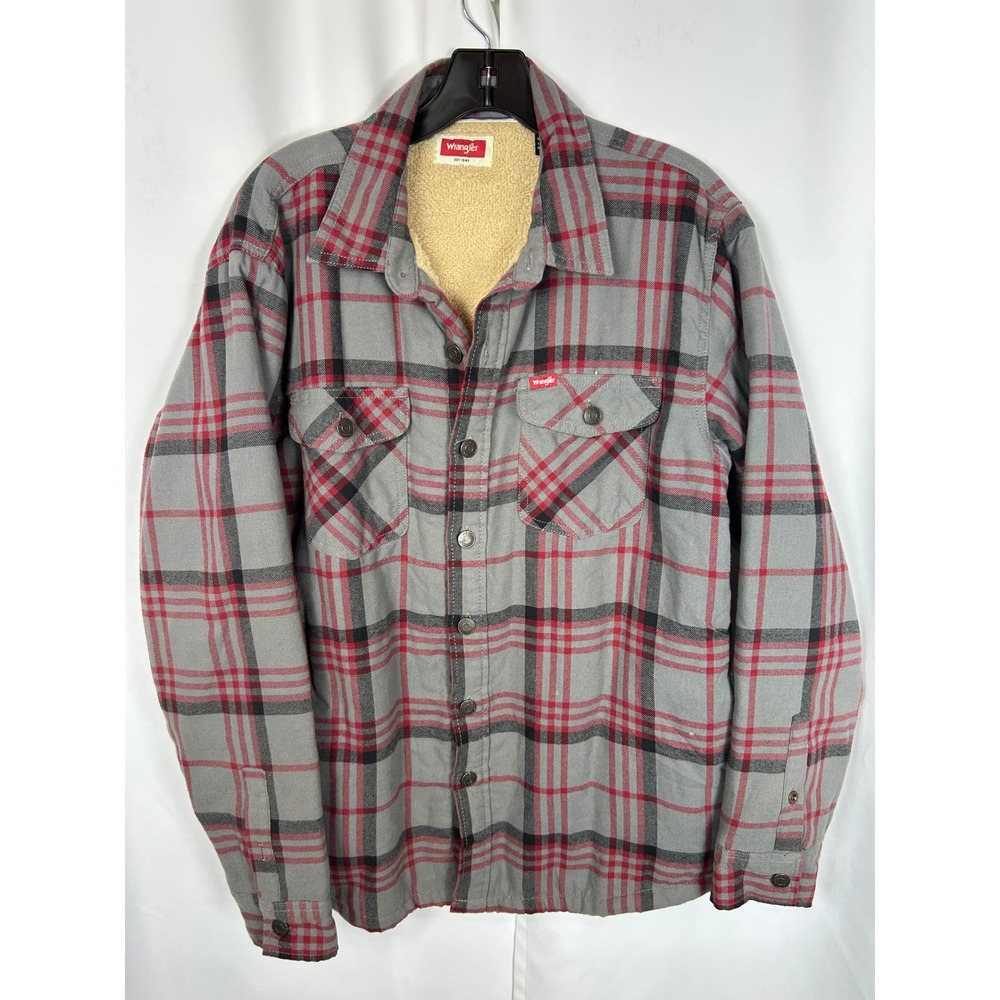 Wrangler Grey Red Plaid Sherpa‎ Lined Flannel Shirt Jacket Western Mens Medium